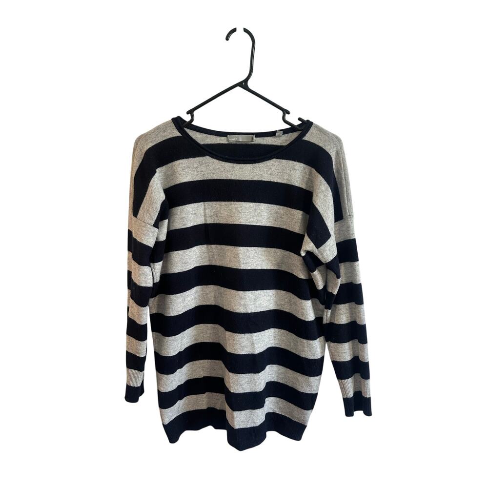 Vince 100% Cashmere Navy Blue Gray Rugby Striped Sweater Sz S Crew Neck